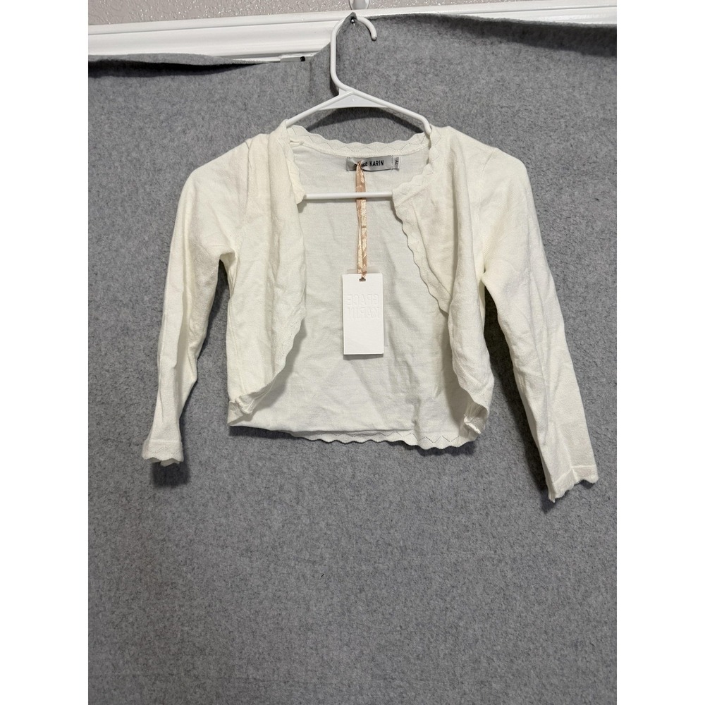 Grace Karin Sweater Girls 7 White Shrug Bolero Open Front Scallop Trim Knit